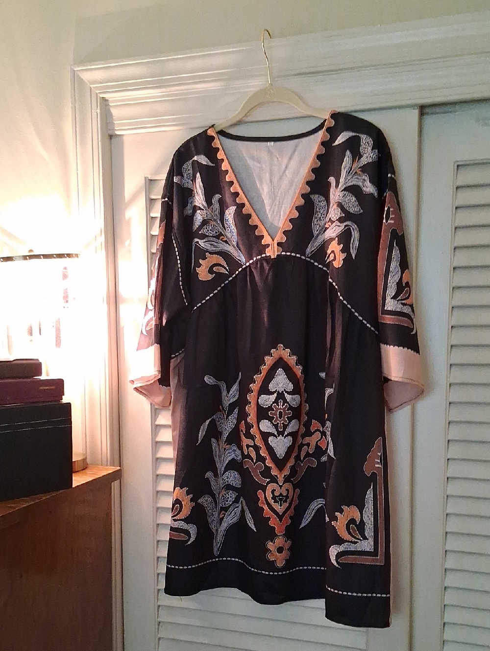 Embroidered V-Neck Mini Dress in Black and Peach